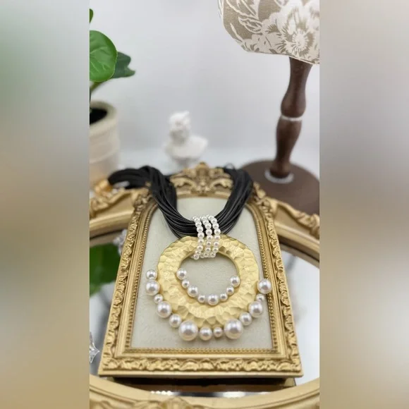 Statement Pendant Necklace | Multi-Strand Black Cord with Gold & Pearl Accents - Picture 6 of 12